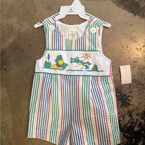 NWT Vintage 90s Searsucker Striped Smocked Romper Overalls Frog Alligator 12